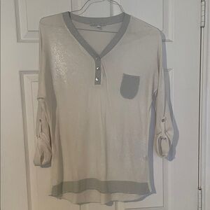 Shiny Silver and White V-Neck Top with Pocket